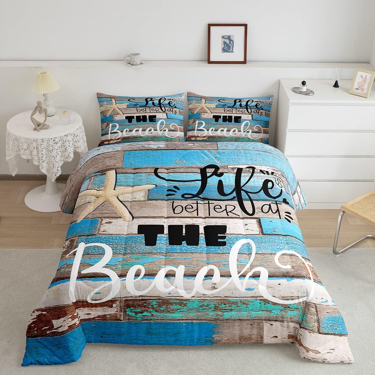 Juego de edredón con temática oceánica, tamaño individual, juego de ropa de cama rústica azul de madera para mujeres, hombres, niños y niñas,