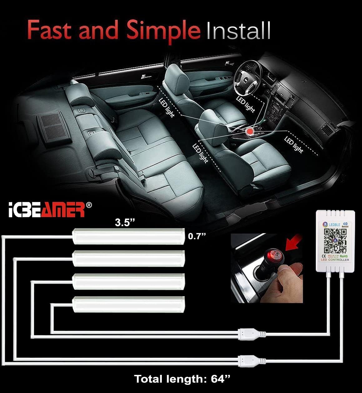 Icbeamer – Tira de luz LED para interiores bajo el asiento con control de teléfono inteligente, color mate, con función activa