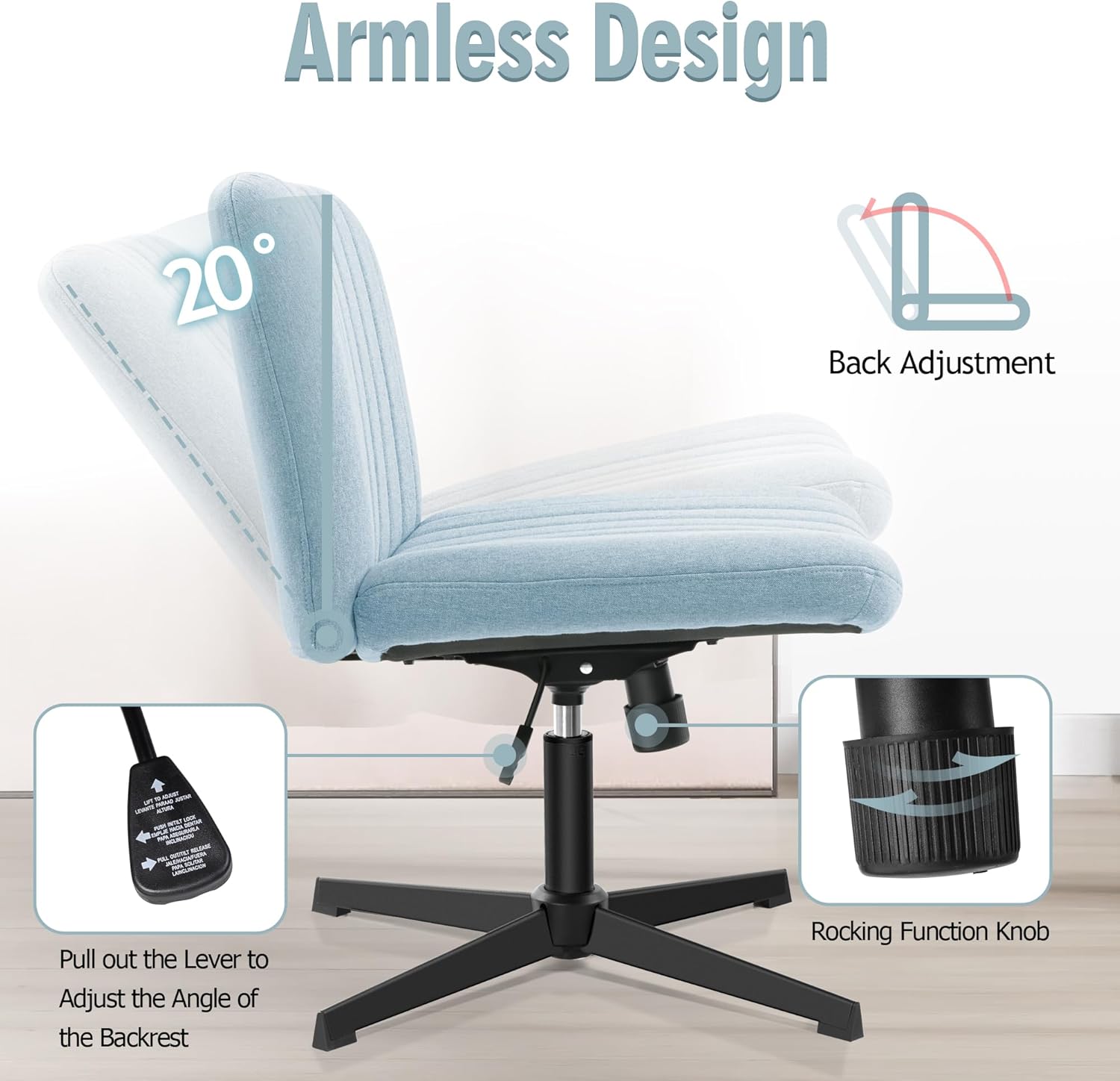 Brick Attic Silla de oficina sin brazos sin ruedas, silla ergonómica de escritorio giratoria, altura ajustable con patas cruzadas, cómoda silla de