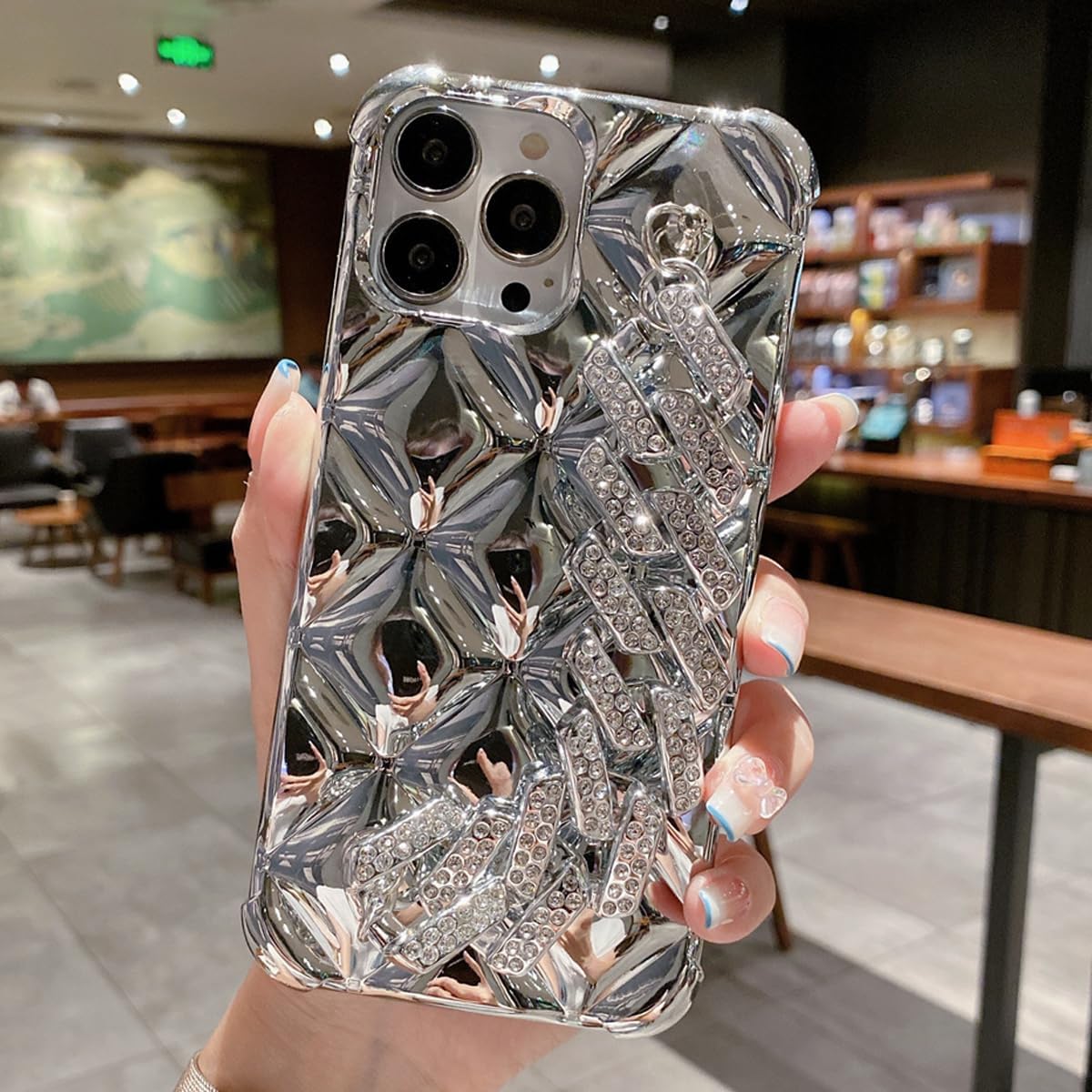 Funda protectora para iPhone 15 Pro Max con purpurina y lazo para correa para la muñeca, bonita funda protectora de silicona brillante y suave a