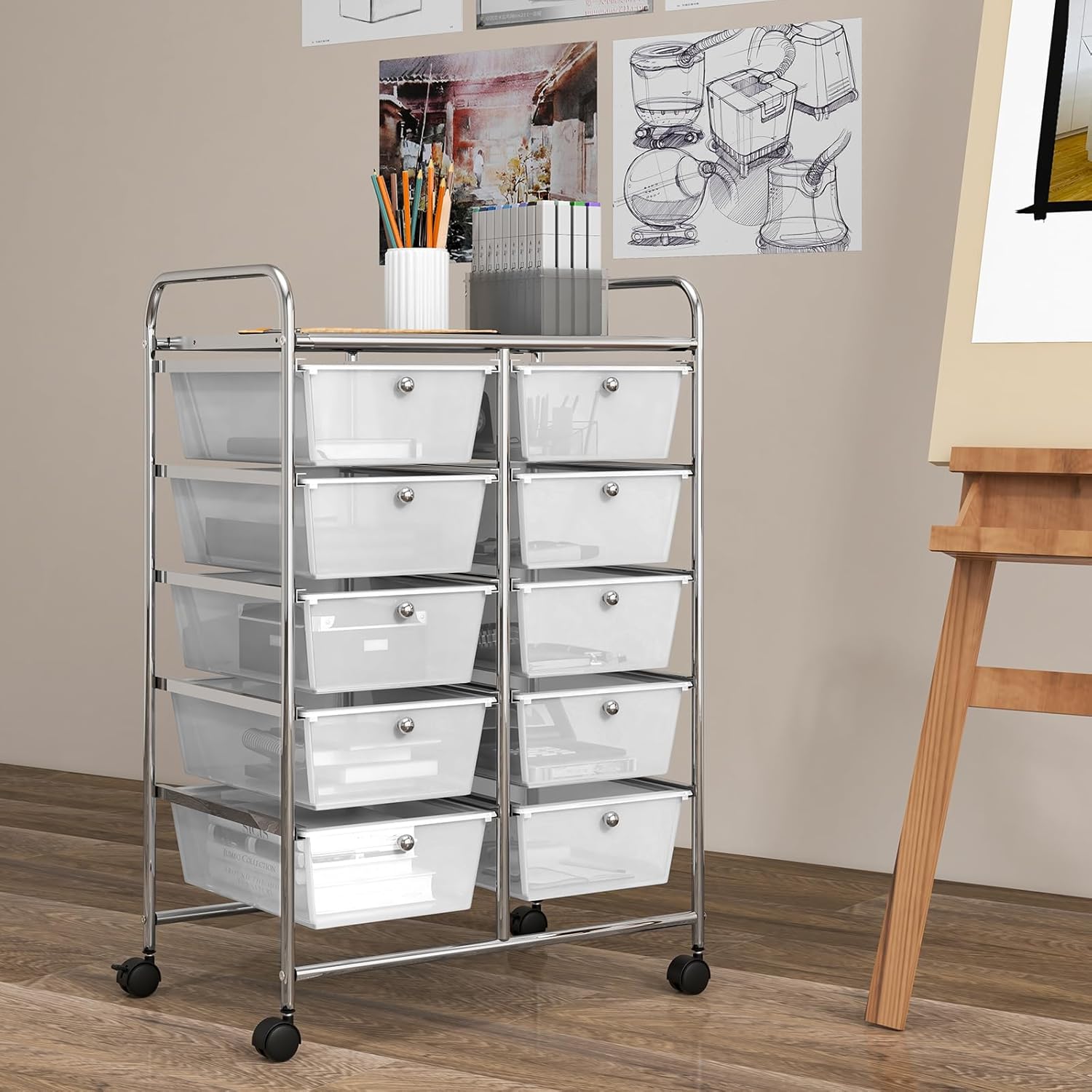 GOFLAME Carrito de almacenamiento con ruedas de 10 cajones, organizador de almacenamiento de manualidades sobre ruedas, carrito móvil multiusos para