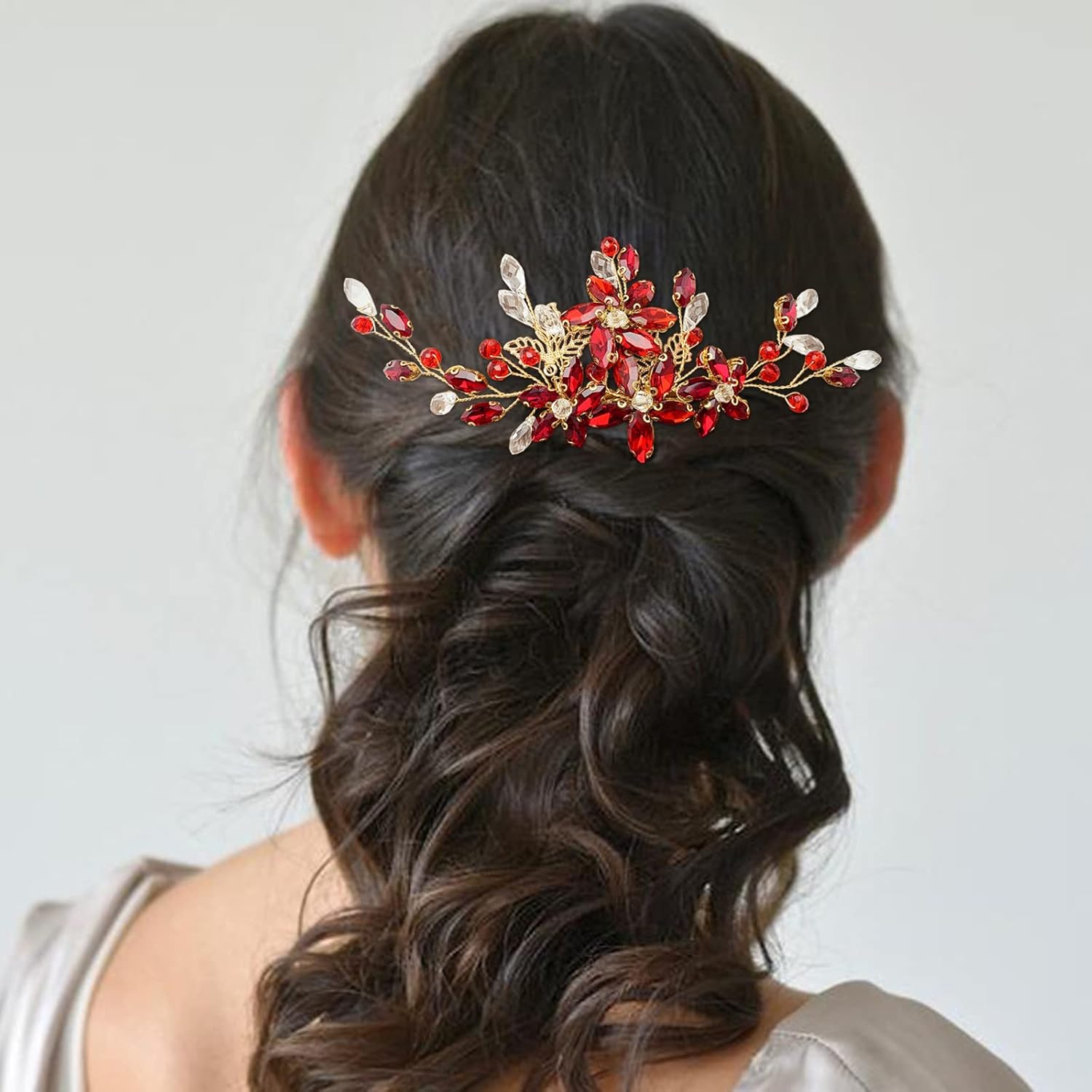 BETITETO Pieza de pelo de novia de cristal rojo con peine de flores de vid dorada, accesorios para el cabello para bodas, mujeres y niñas (dorado,