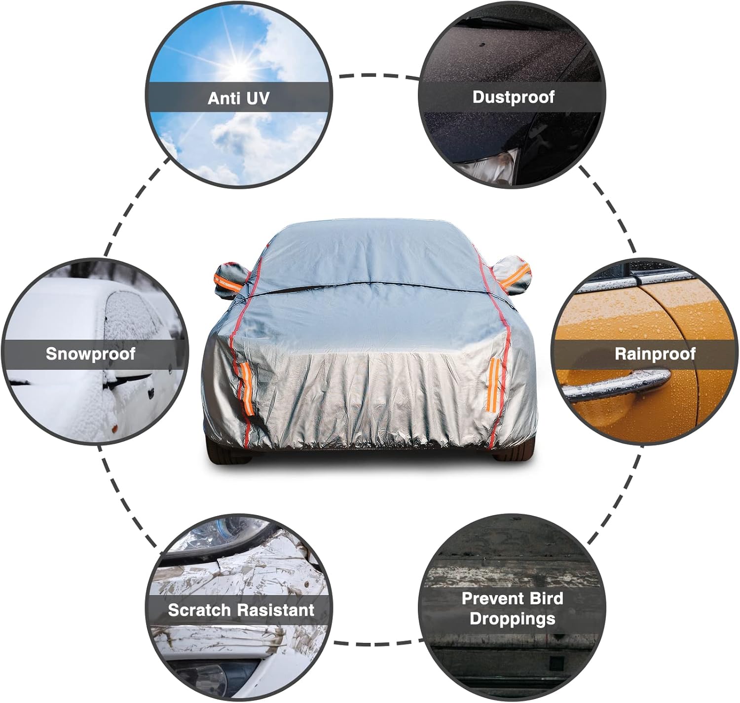Funda de automóvil impermeable para todo tipo de clima, 6 capas exteriores completas con cremallera de algodón, bolsillo para espejo. Funda de