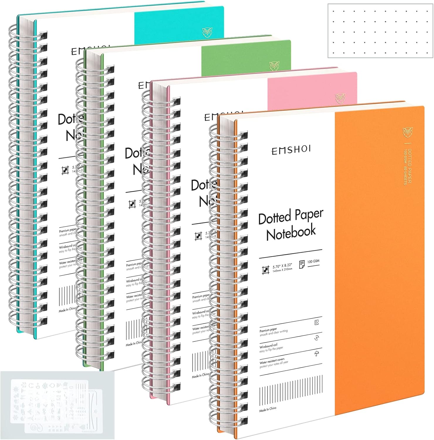 EMSHOI Cuaderno de espiral de puntos, paquete de 4 cuadernos A5 de cuadrícula de puntos pequeños de 5.7 x 8.22 pulgadas, 640 páginas de 3.53 ozm de