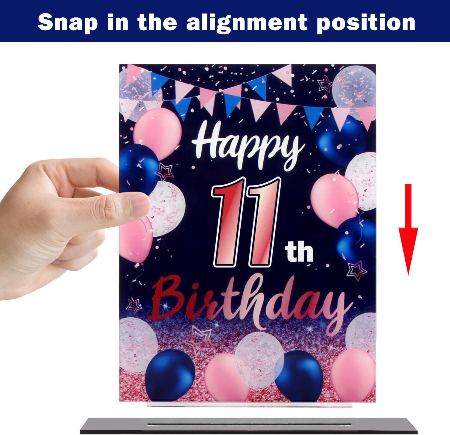LINGTEER Centros de mesa acrílicos con globos de color azul marino y rosa con texto en inglés “Happy 11th Birthday”, 2 unidades de decoración de