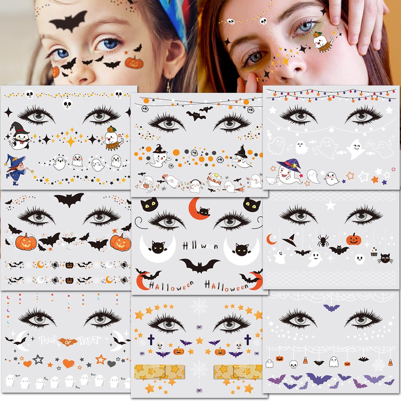 CHARLENT Tatuajes temporales de Halloween para niños, tatuajes faciales de Halloween para niños y niñas, suministros de fiesta de Halloween, bolsas
