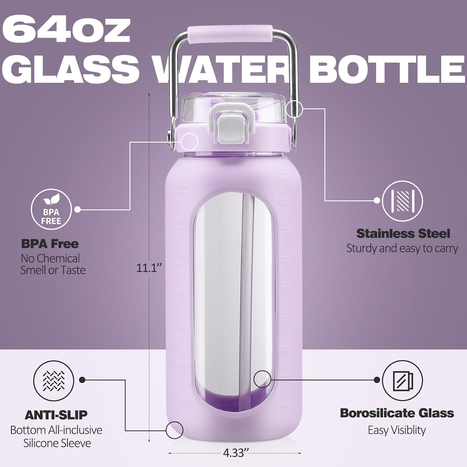 HYDRAGLAZIC Botella de agua de vidrio de 64 onzas, botella de agua potable de vidrio con popote y mango de acero inoxidable, botella de agua