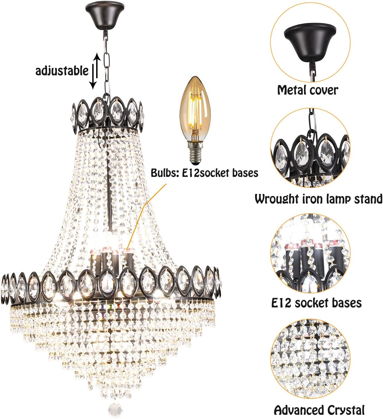 Lámpara de araña de cristal de lujo de 9 luces, moderna lámpara colgante de techo para sala de estar, dormitorio, cocina, isla, pasillo, comedor,