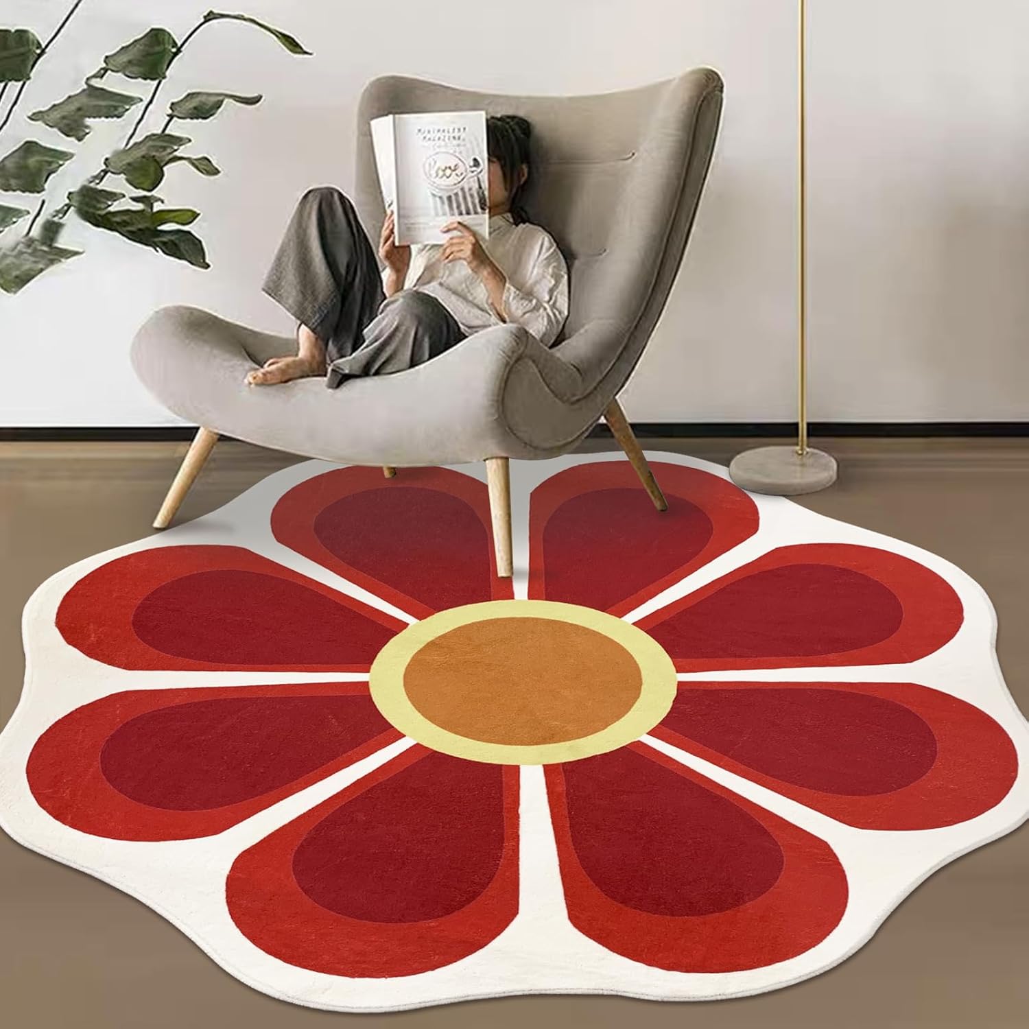 USTIDE Alfombra redonda grande de 63 pulgadas, alfombra circular floral para sala de estar, dormitorio, lavable, suave, alfombra roja para
