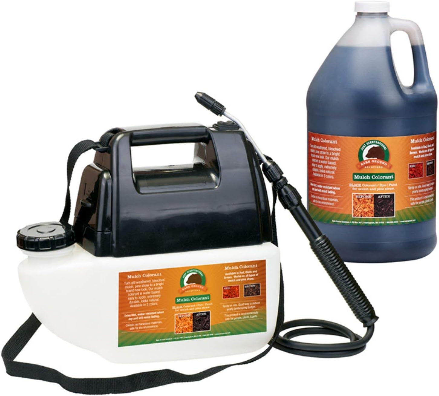 Just Scentsational Bare Ground Solutions MCBPS-1BL Colorante de mantillo de corteza, 128 onzas con pulverizador alimentado por batería, negro