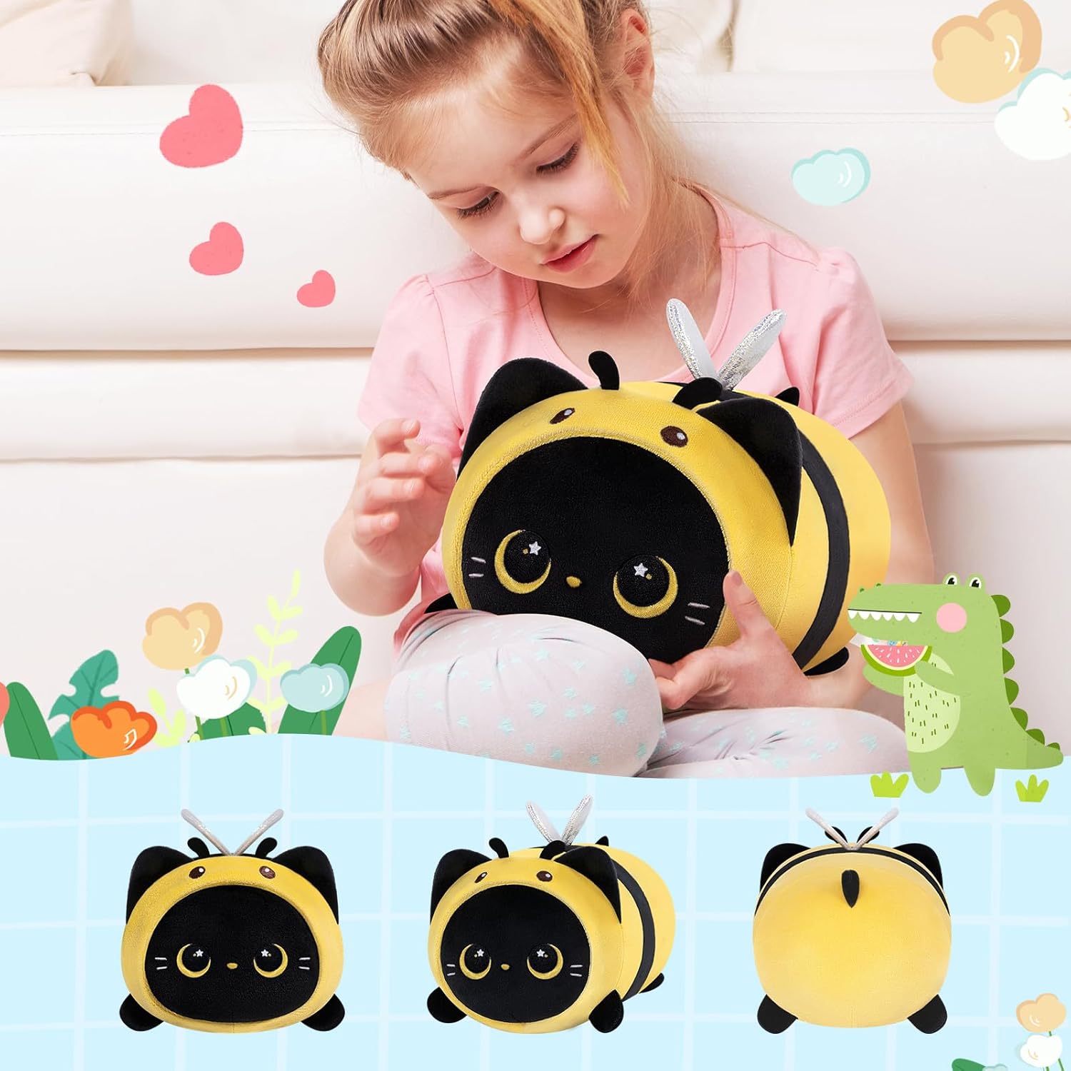 Bonita almohada de felpa de abeja de gato negro, peluche Kawaii de abeja de gato, peluche de gatito con disfraz de abeja de abeja, regalos suaves