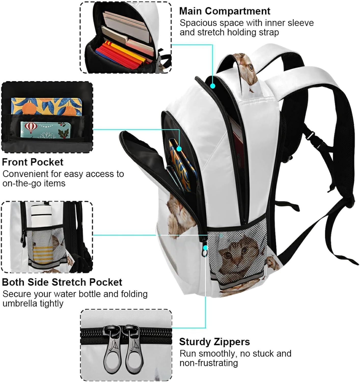 Mochila Acuarela Flor Floral Colorido Escuela Colegio Mochila Portátil Casual Daypack, N Lovely Cat Blanco, Mochilas Daypack