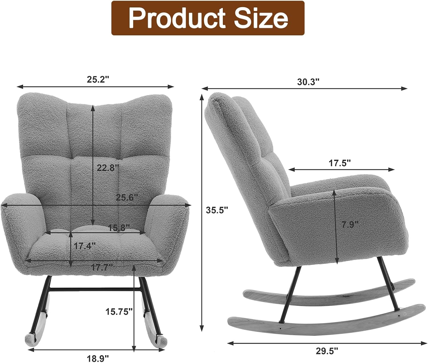 Mecedora para guardería, mecedora tapizada de tela de peluche, mecedora con bolsillo de almacenamiento, sillón con respaldo alto, cómoda silla