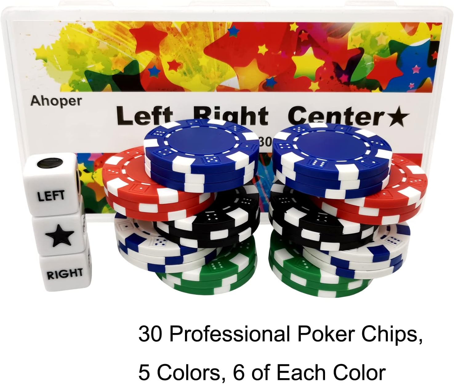 Juego de dados de centro izquierdo y derecho con 3 dados + 30 fichas de póquer profesional, fichas de casino de 0.41 oz (5 colores mezclados)