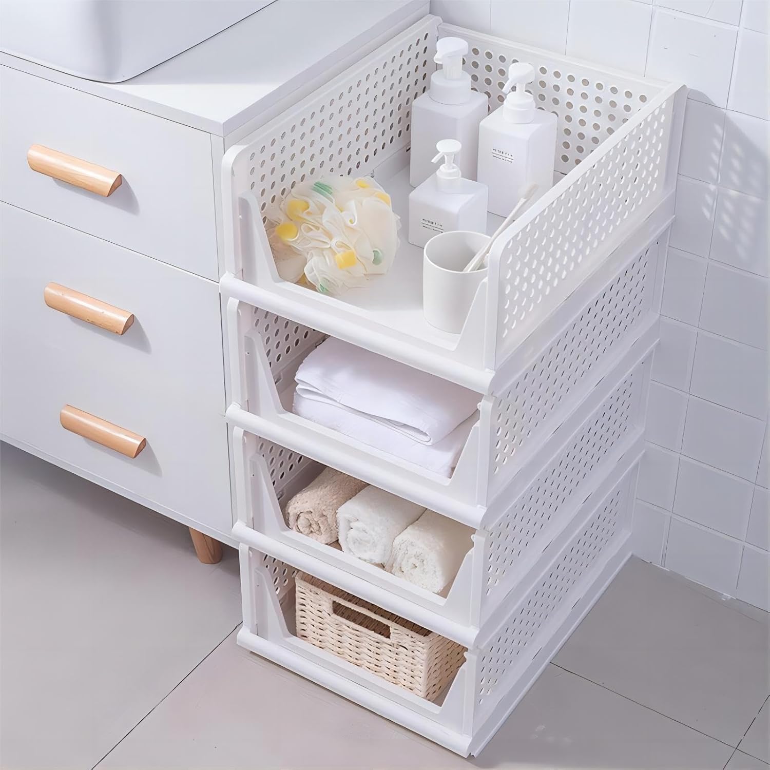 Caja de almacenamiento plegable de 4 piezas, contenedores de almacenamiento apilables, estilo cajón, cajón de almacenamiento apilable, cestas de