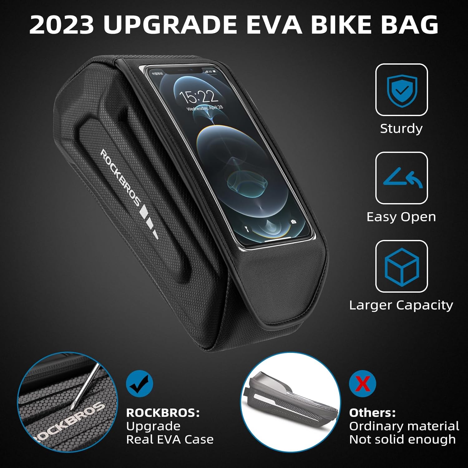 ROCKBROS Bolsa de bicicleta para teléfono, bolsa de accesorios de bicicleta, bolsa de EVA impermeable para teléfono para bicicleta, tubo superior,
