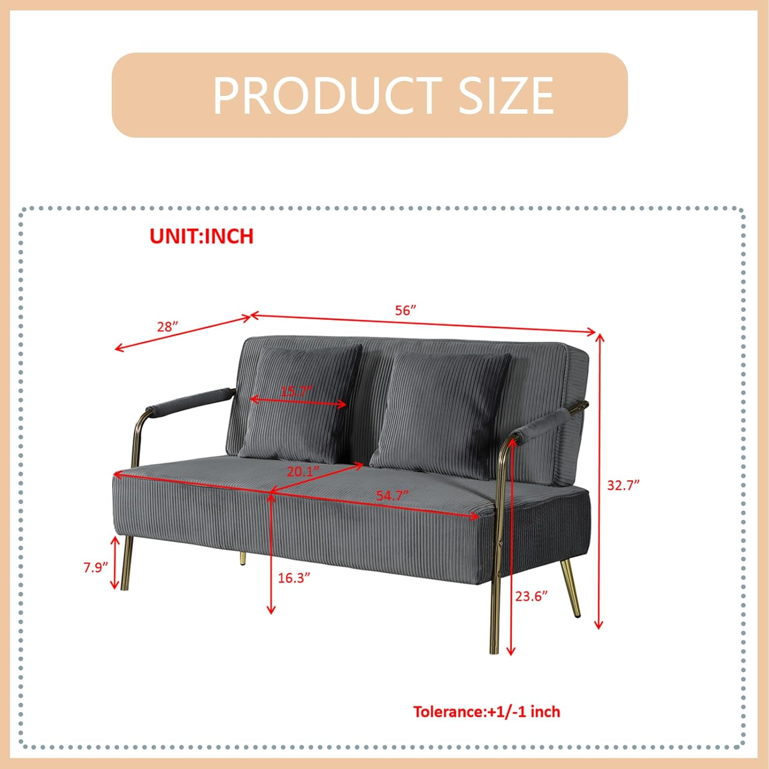 Moderno sofá tapizado de terciopelo con soporte de patas de metal, sofá de dos plazas con almohadas para espacio pequeño, sala de estar, dormitorio,