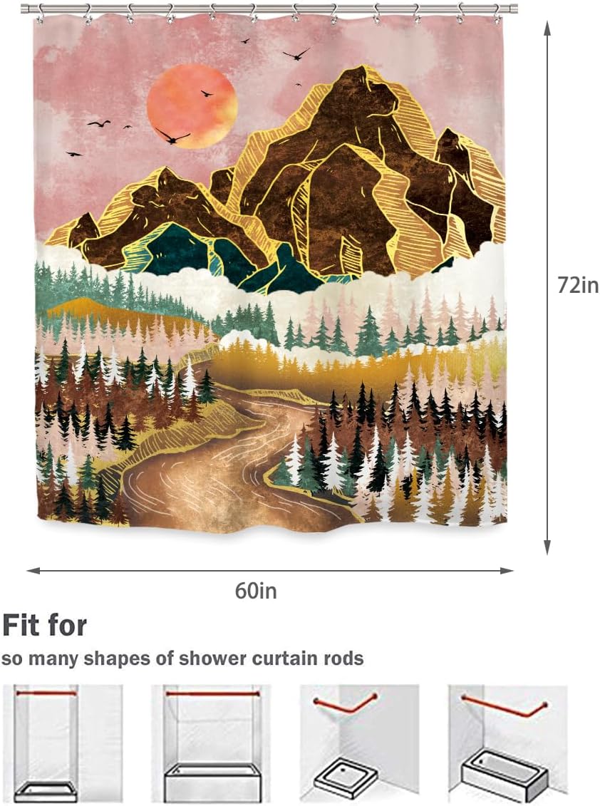 Ufeela Cortina de ducha abstracta de montaña de 60 pulgadas de ancho x 72 pulgadas de alto, estilo bohemio, puesta de sol, paisaje, naturaleza,
