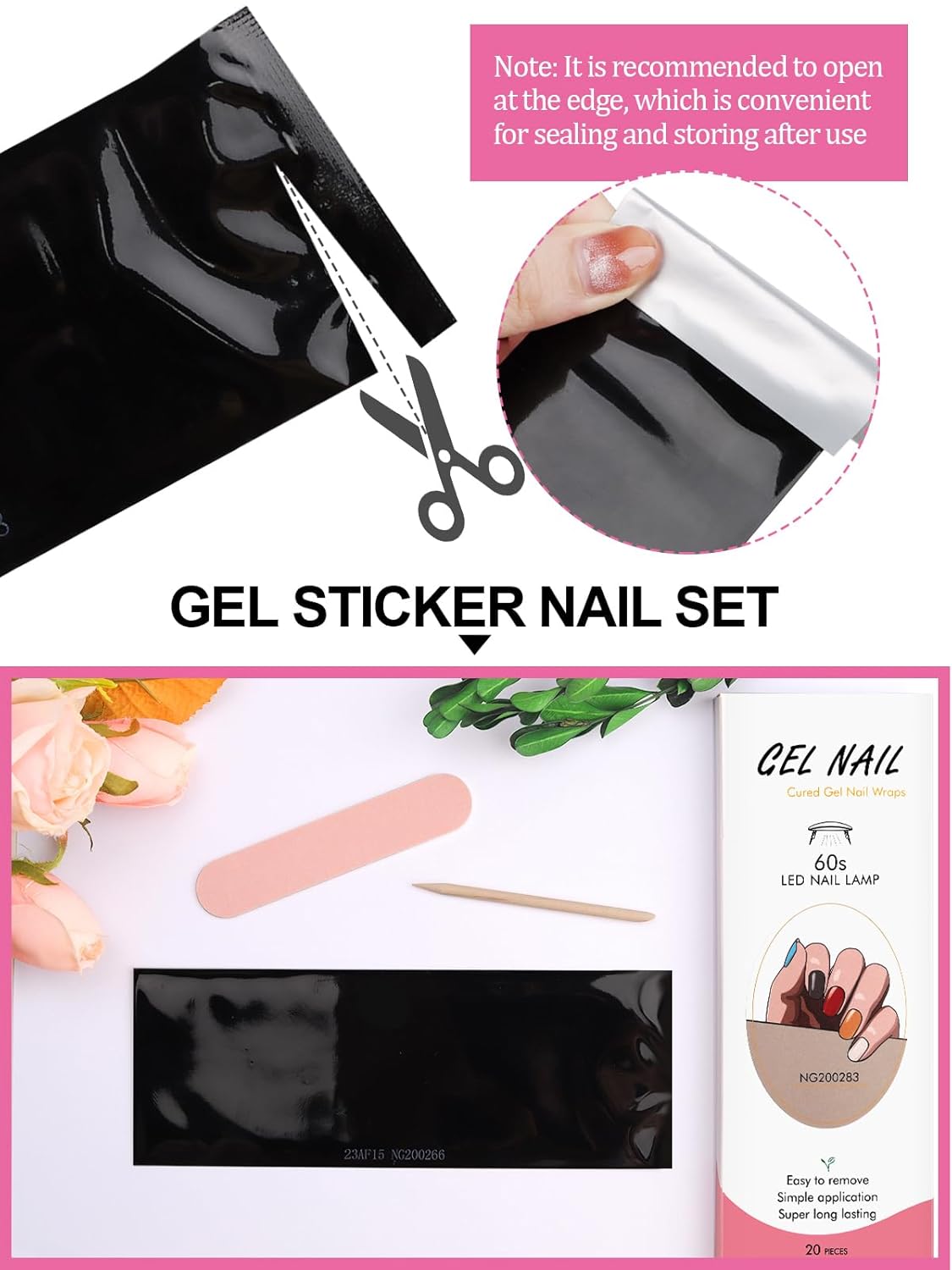 Kalolary 20 tiras de esmalte de uñas de gel, adhesivo de envoltura completa, calcomanías de gel impermeables con lima de uñas y palo (requiere