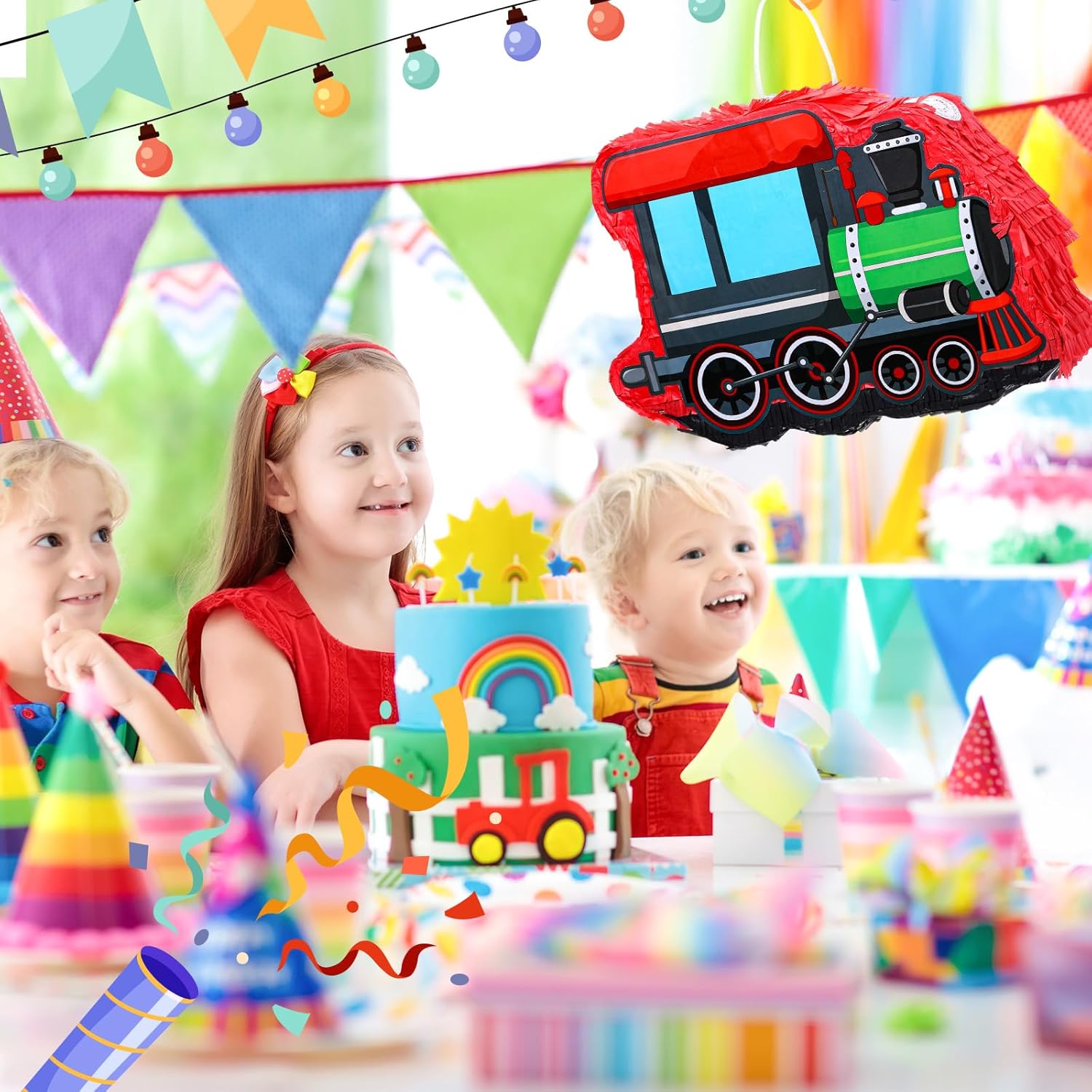 Jenaai Piñatas de tren pequeñas 3D para fiesta de cumpleaños con palo, vendas para los ojos, 16.1 x 11.4 x 3 pulgadas, confeti de tren pequeño,