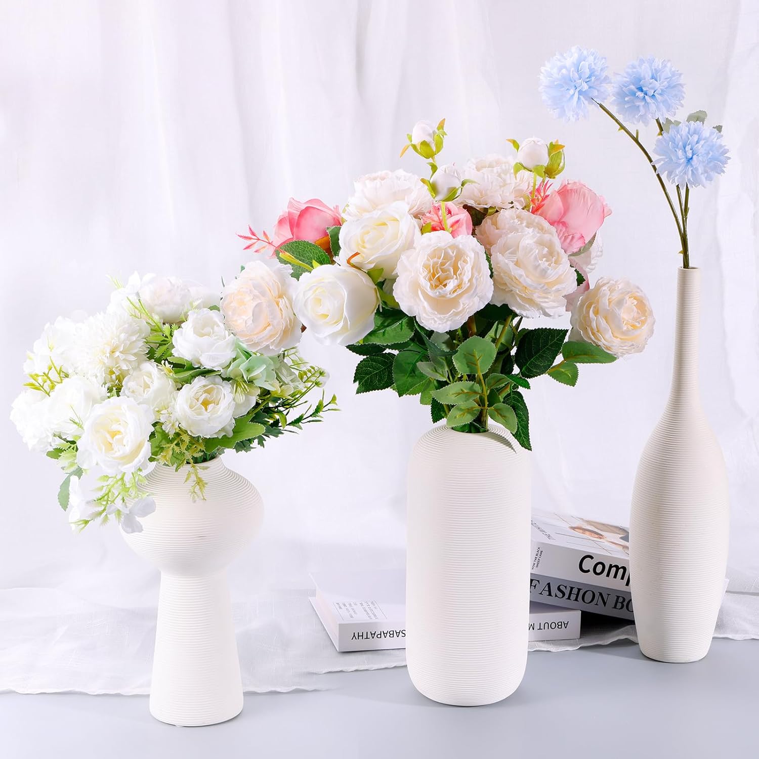 Juego de 3 jarrones para flores, jarrones de cerámica minimalistas para decoración del hogar, jarrón blanco alto para centros de mesa, boda,