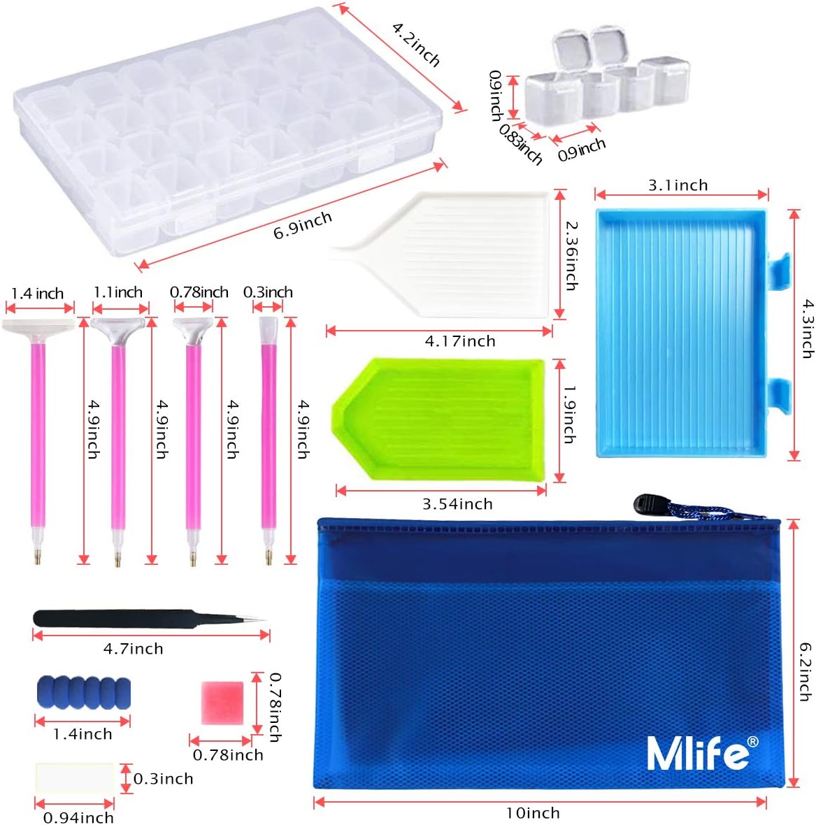 Mlife Kit de herramientas de arte de diamante 5D, 31 piezas de accesorios de arte de diamantes con 28 ranuras, caja de bordado de diamante para