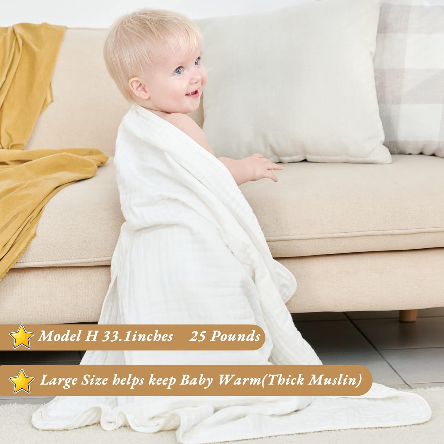 HardNok Manta de muselina para bebé, 6 capas, de algodón puro, transpirable y ligera, súper suave, manta multiusos para niños y niñas en todas las