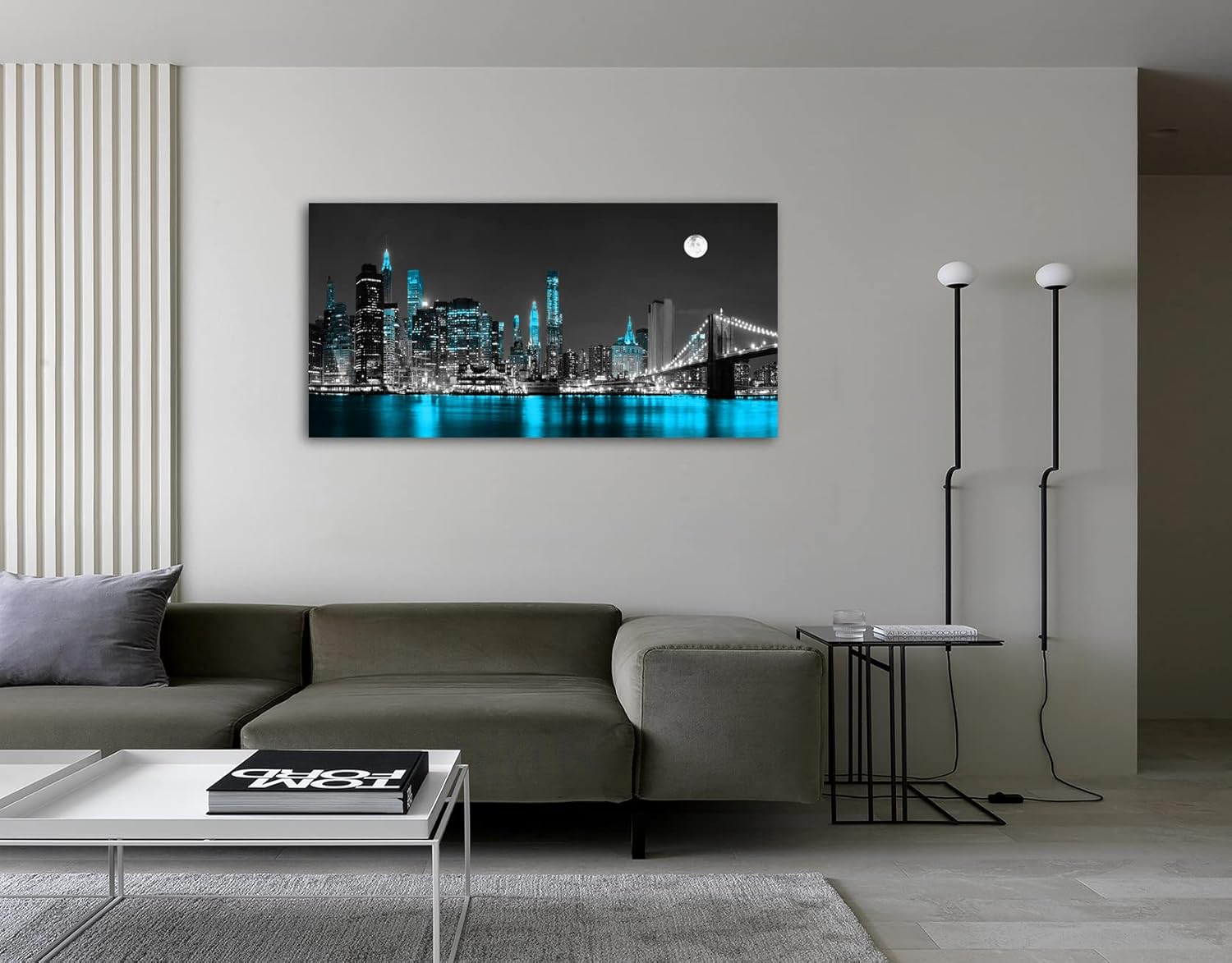 Jiuqinghua Lienzo decorativo para pared, 1 panel, negro, blanco y azul, puente de Brooklyn, paisaje urbano, paisaje nocturno, pintura para cocina,