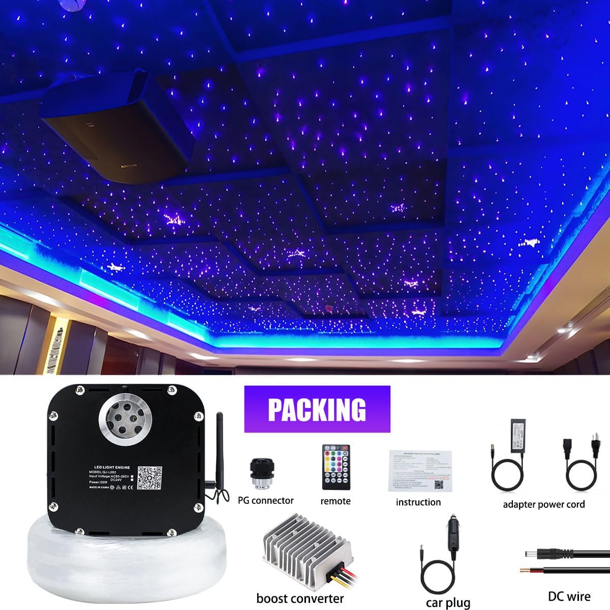 AZIMOM Kits de luz de estrellas de fibra óptica centelleante de alto brillo de 50 W, 800 piezas, hebras de fibra de 16.5 pies, brillo final,