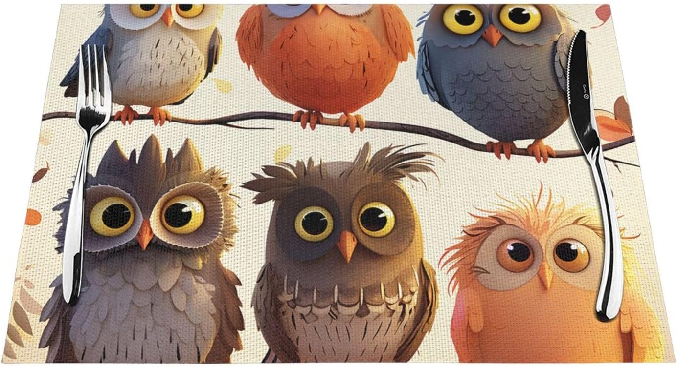 1 juego de manteles individuales de PVC con estampado de búhos y pájaros, manteles individuales tejidos de PVC, antideslizantes, resistentes al