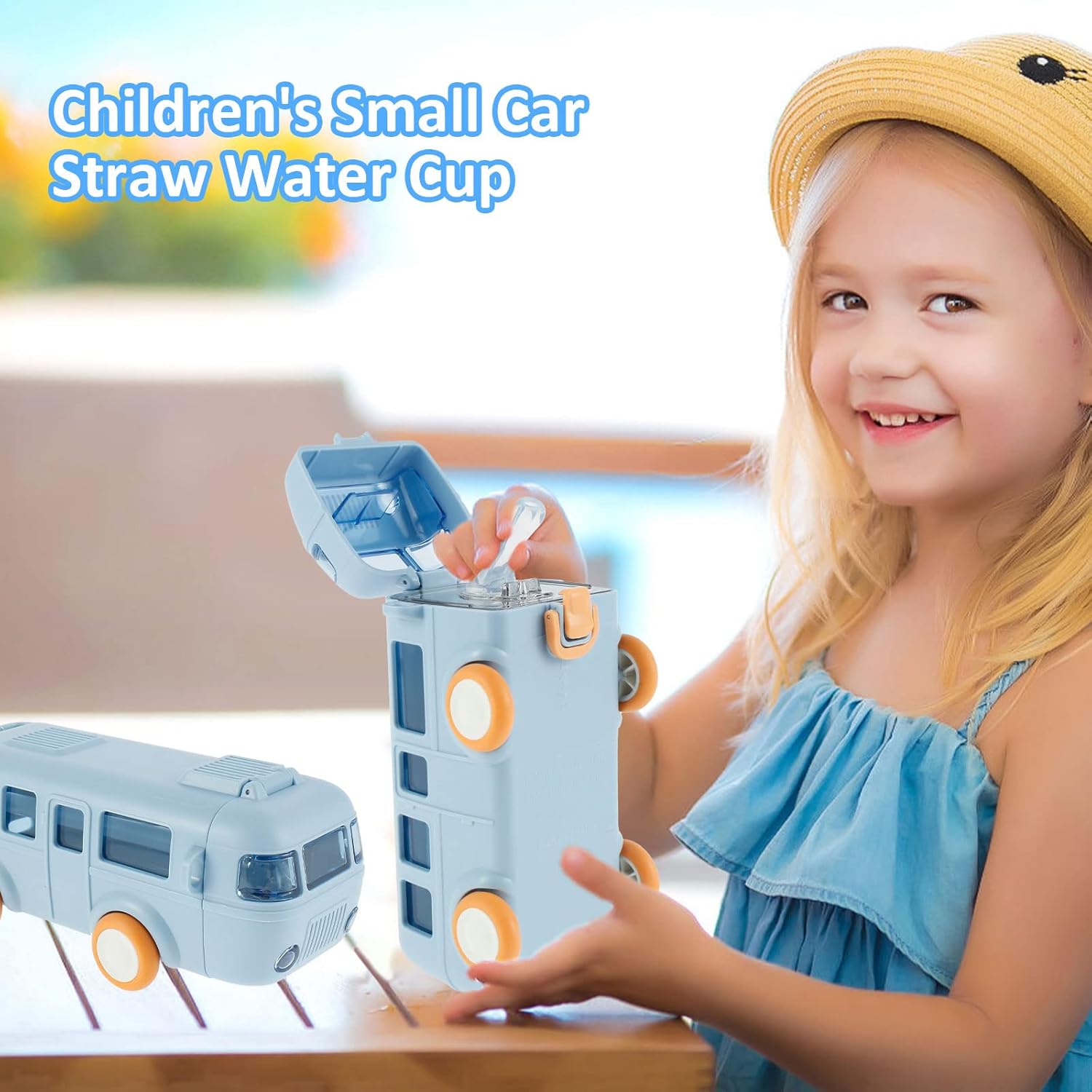 Taza de agua con popote para automóvil, botella de agua de 16 onzas con ruedas, taza de agua portátil en forma de autobús con correa para el hombro,