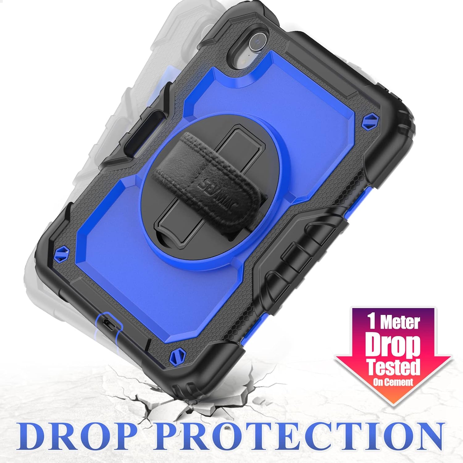 SEYMAC stock Funda para iPad Mini 6 de 8.3 pulgadas 2021 con protector de pantalla para lápiz correa de mano giratoria 360 y soporte, funda a prueba