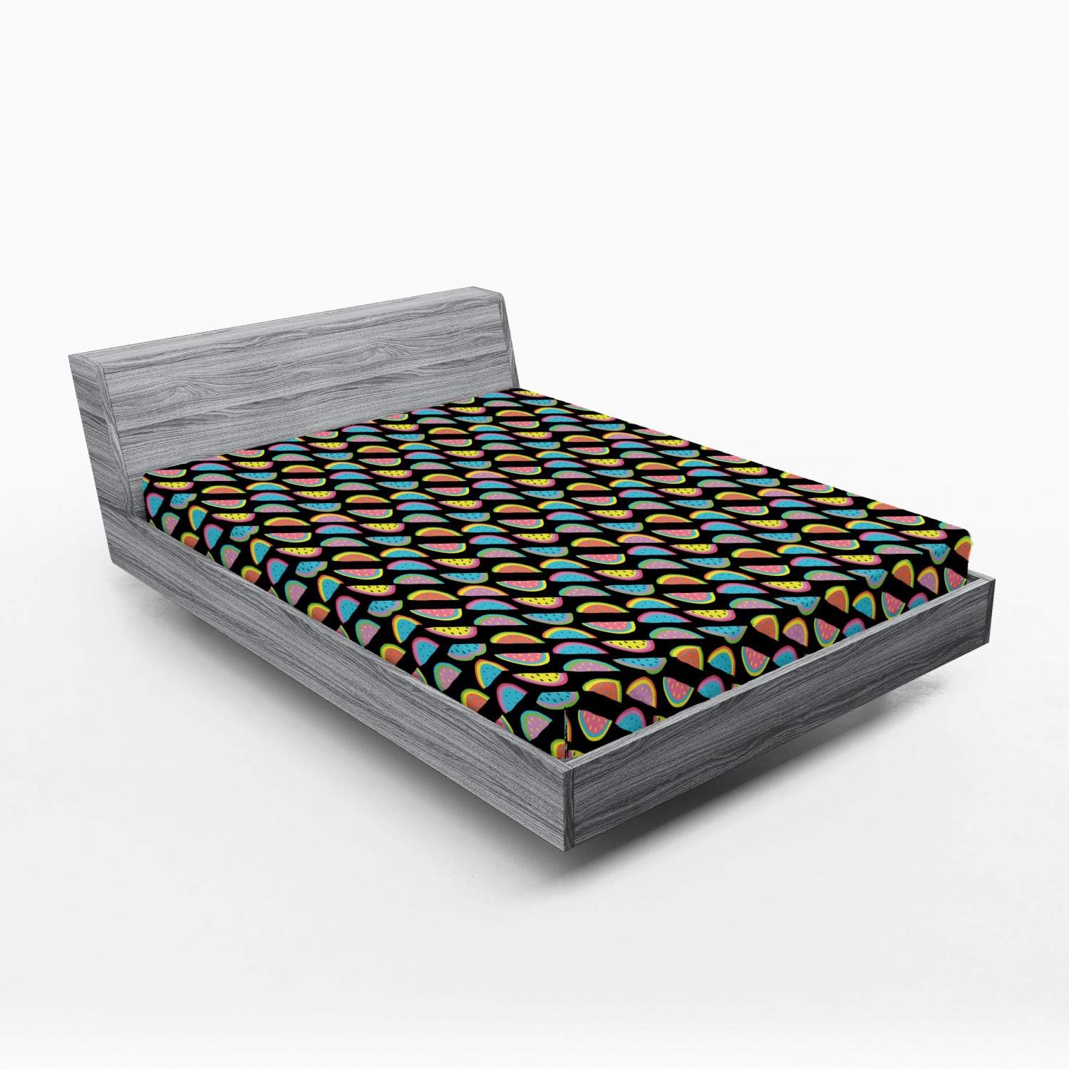 Ambesonne Sábana bajera ajustable loca, patrón abstracto de sandía con ilustración de estilo psicodélico de frutas exóticas, funda de cama con