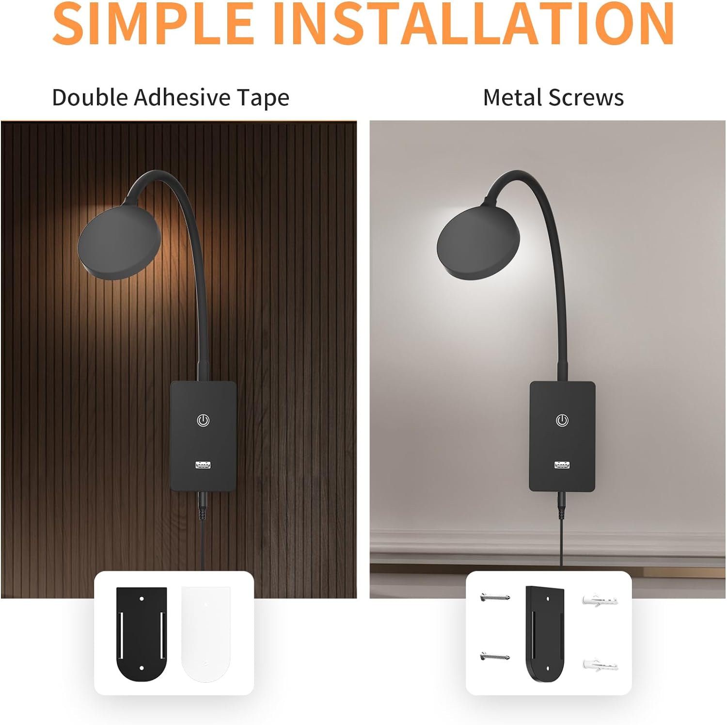 Luz de lectura LED de montaje en pared, lámpara de montaje en pared para interiores, lámpara negra de control táctil con salida USB de 5 V 2 A,
