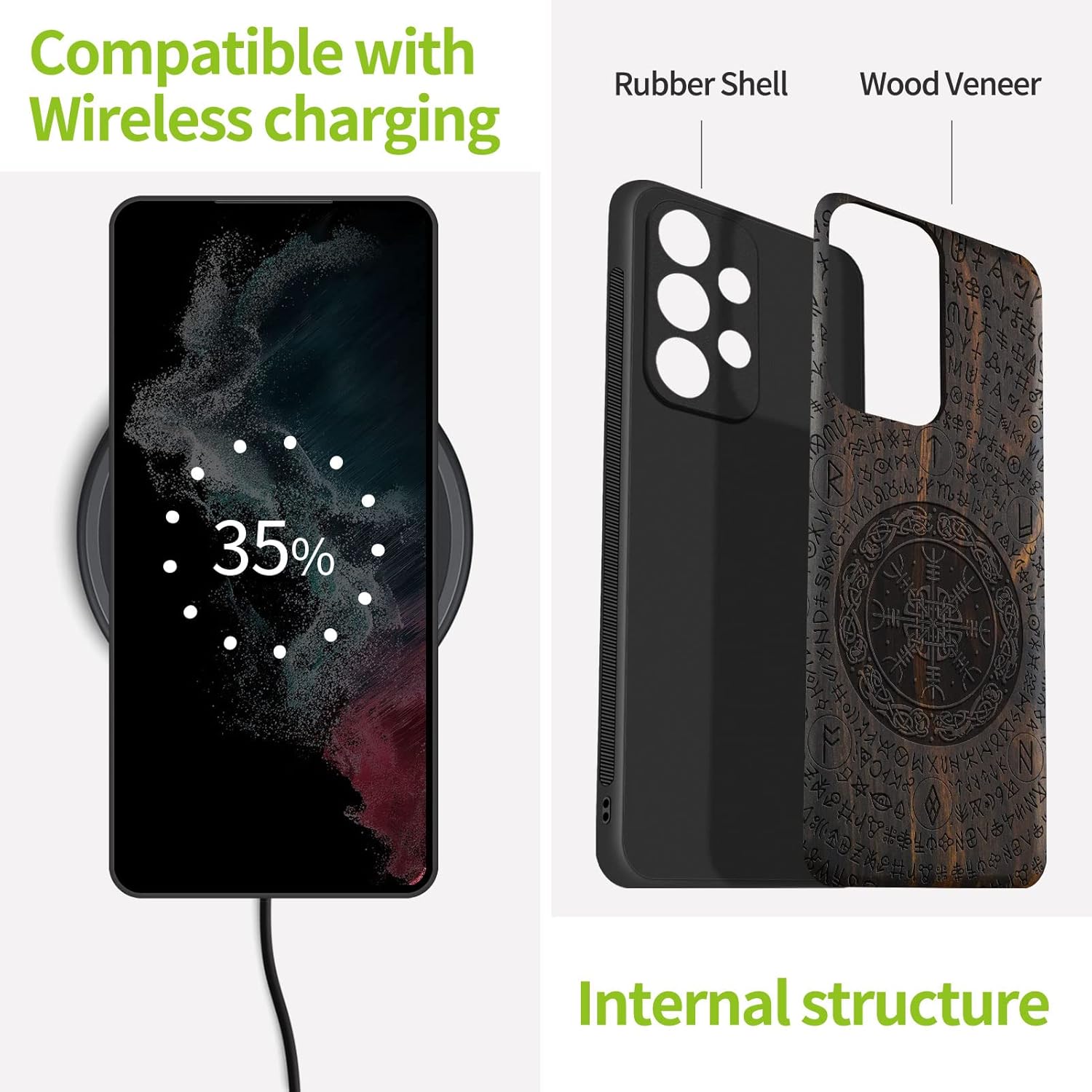 Carveit Funda de madera para Samsung Galaxy A53 5G madera natural y TPU suave negro a prueba de golpes, funda de madera única compatible con Galaxy