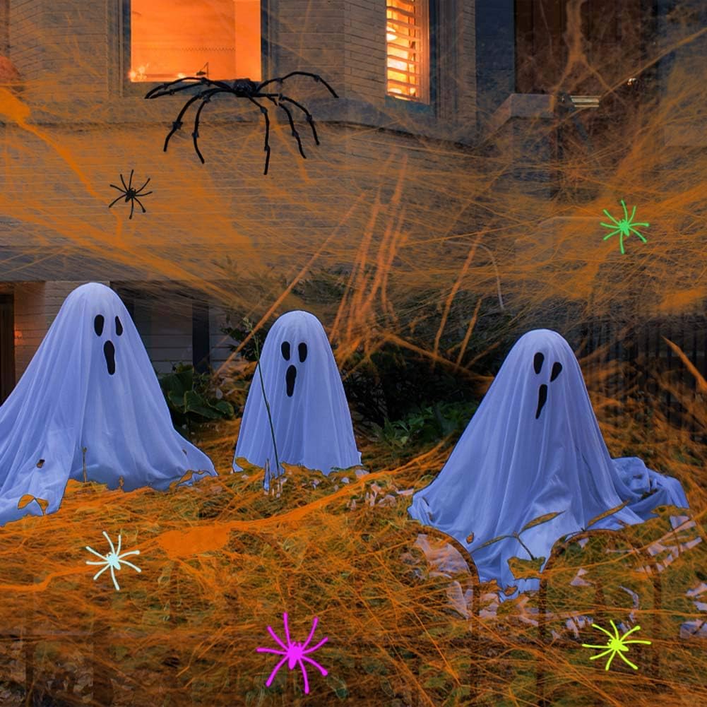 Telas de araña brillantes de Halloween de 8.82 oz para interiores y exteriores, con 37 arañas falsas para decoraciones de Halloween, naranja con