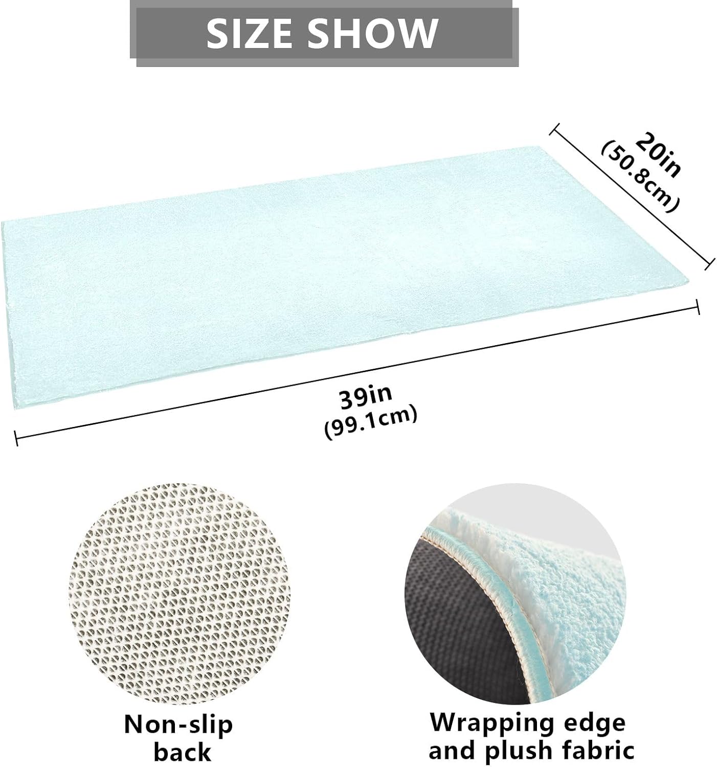 Joisal Alfombrillas de baño de felpa cian claro, alfombra antideslizante absorbente, alfombra de baño con parte trasera de goma, lavables, 39 x 20