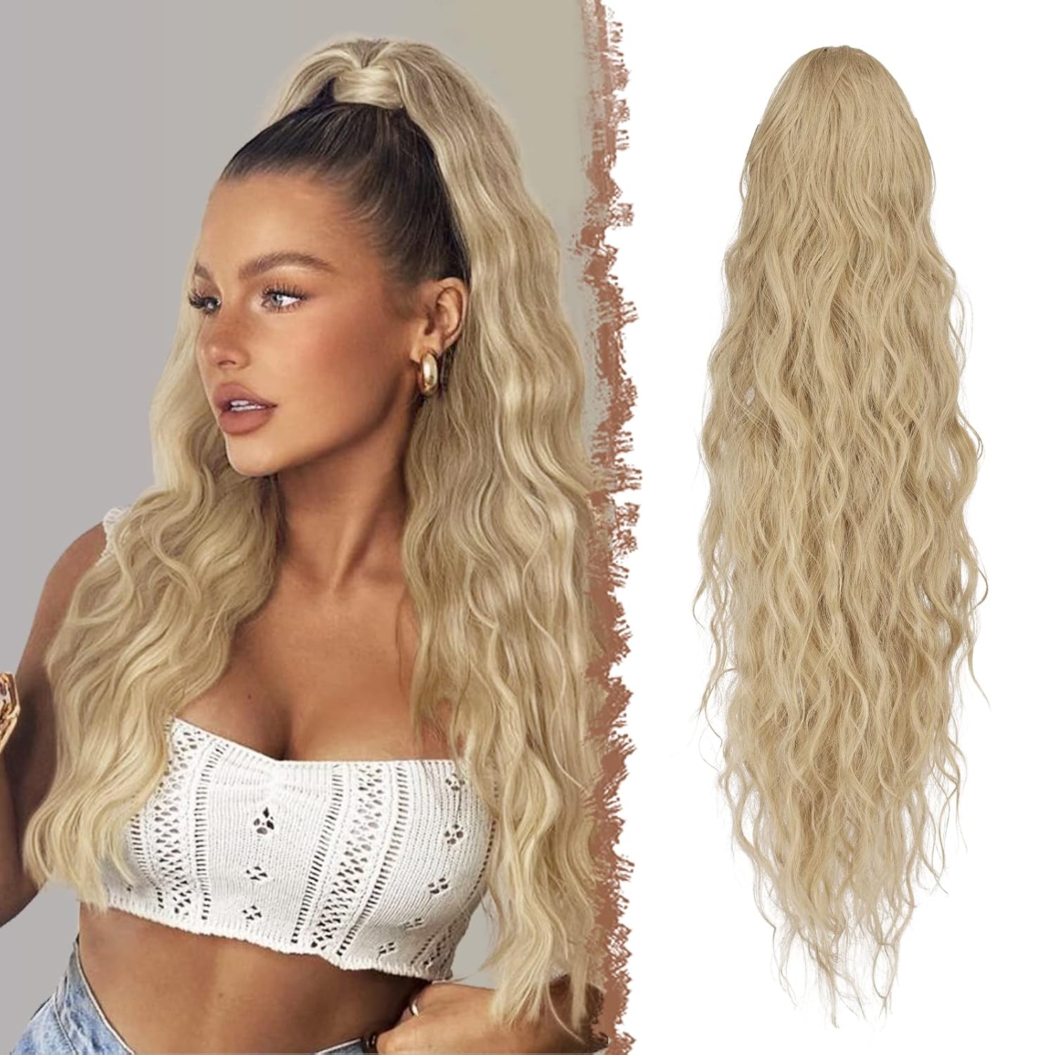 FESHFEN Extensiones de cola de caballo largas y onduladas con cordón, extensiones de cola de caballo con clip, extensiones de cola de caballo con