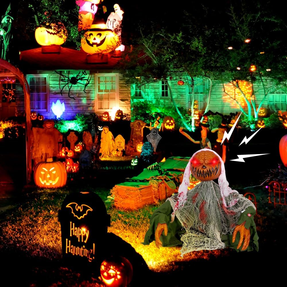 YUJUN Decoración animada de Halloween para Halloween, decoración de activación LED de Halloween, calabaza aterradora, fantasma, inducción de sonido,