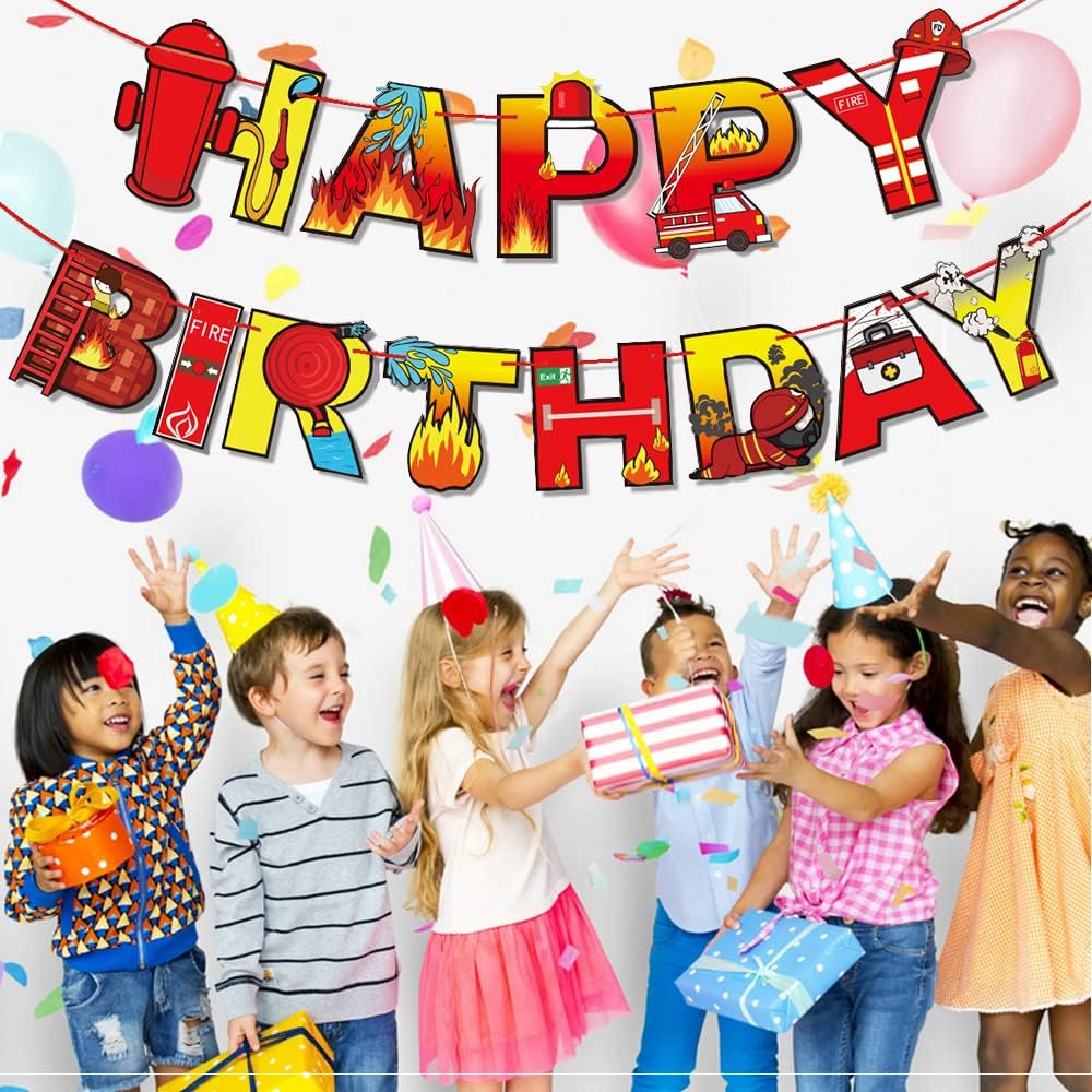 Suministros de fiesta de cumpleaños de camión de bomberos para niños y niñas, pancarta temática de feliz cumpleaños, globos de aluminio para
