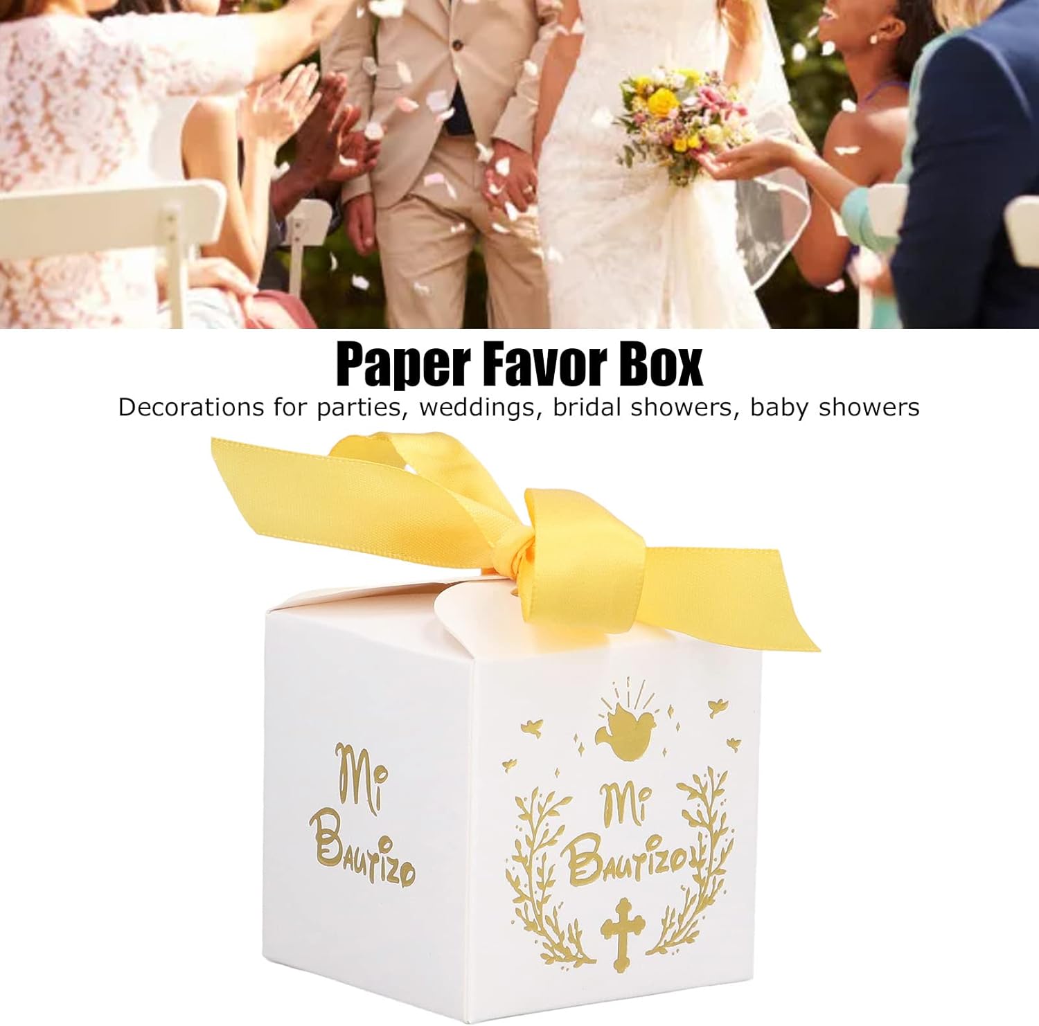 AUNMAS 50 cajas de dulces para fiesta de boda, material de papel, caja de regalo con patrón de Mi Bautizo con cinta dorada, cajas de regalo de boda