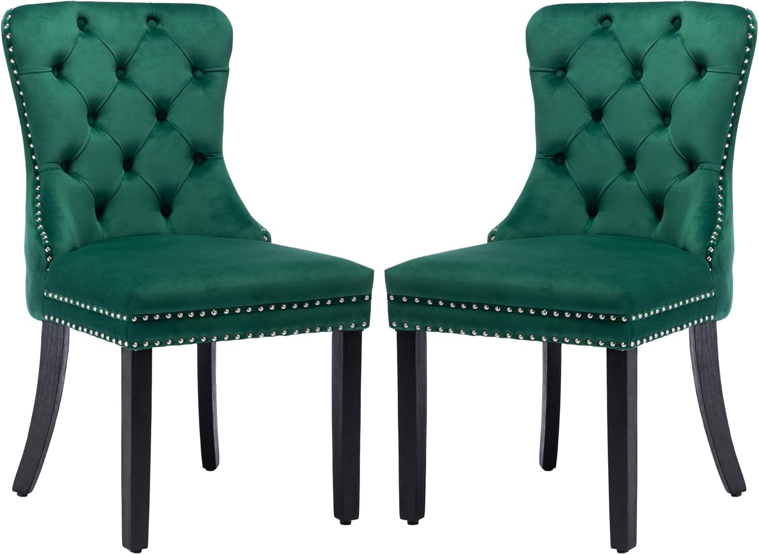 KCC Nikki Collection – Juego de 2 sillas de comedor de terciopelo tapizadas de alta gama con anillo trasero de clavo, patas de madera maciza, estilo