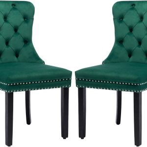KCC Nikki Collection – Juego de 2 sillas de comedor de terciopelo tapizadas de alta gama con anillo trasero de clavo, patas de madera maciza, estilo KCC Nikki Collection – Juego de 2 sillas de comedor de terciopelo tapizadas de alta gama con anillo trasero de clavo, patas de madera maciza, estilo