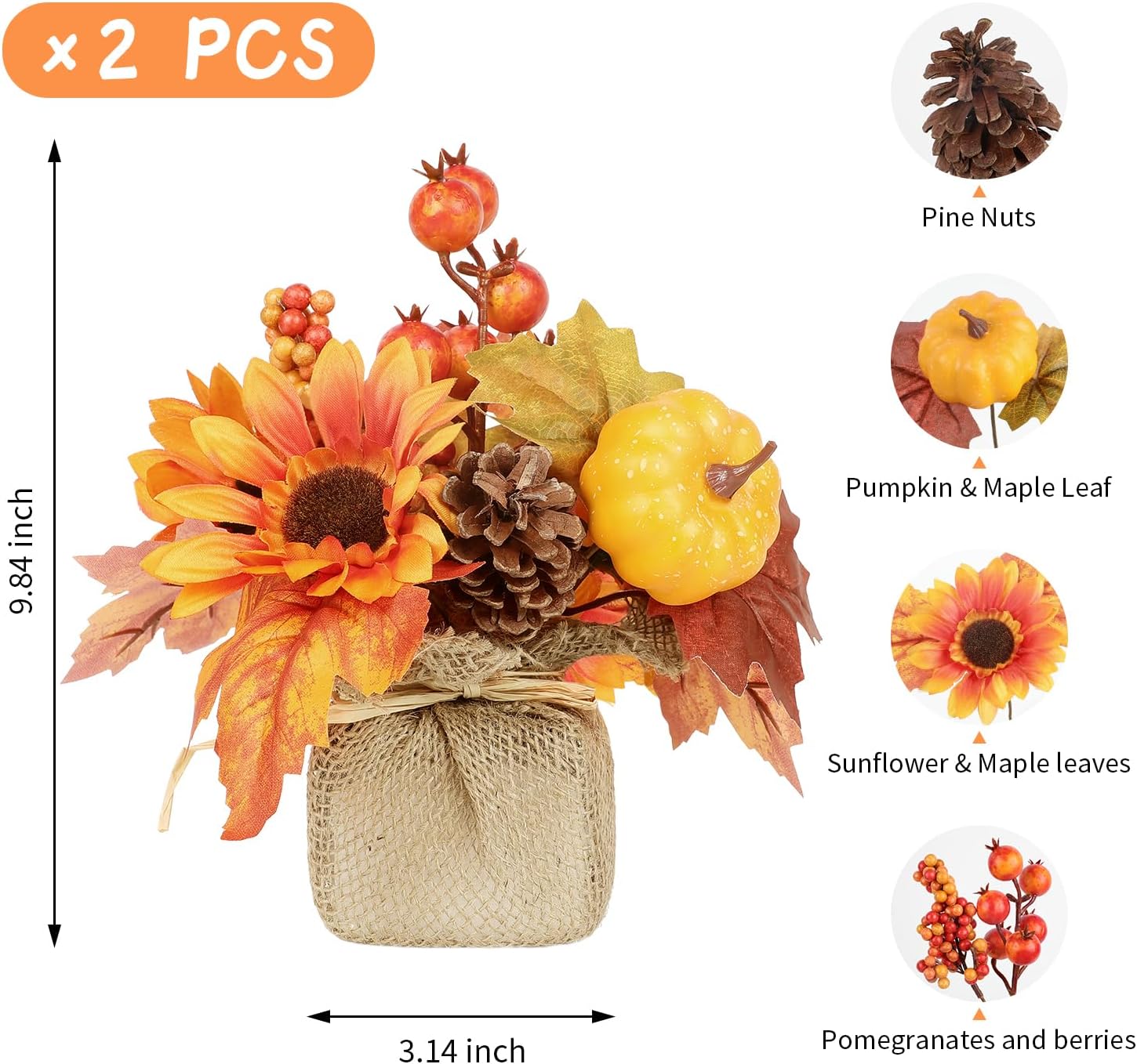 2 piezas de decoración de otoño para el hogar, plantas falsas en maceta de otoño con calabaza artificial girasol y hoja de arce, bayas y pino, ramo