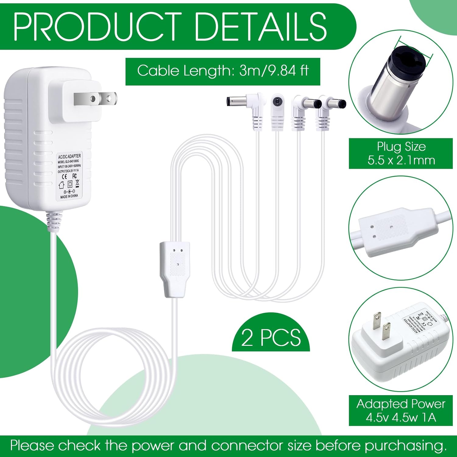Umigy 2 adaptadores de corriente de 4.5 V compatibles con accesorios iluminados Lemax, adaptador de corriente de CA y CC para Navidad, Halloween,
