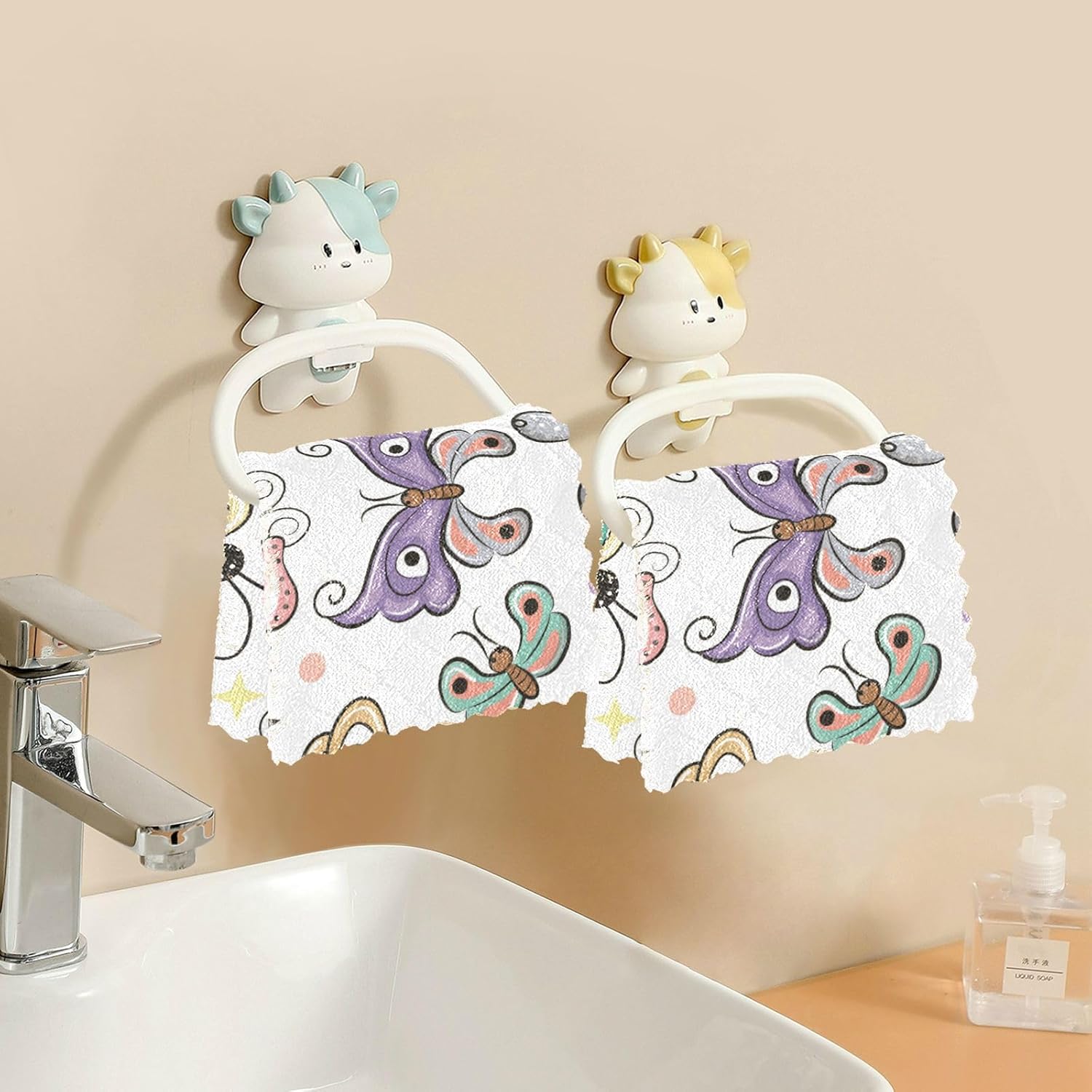 Toalla de microfibra con estampado suave de mariposas de dibujos animados para cocina, absorbente, paquete de 6 trapos para mesa de restaurante