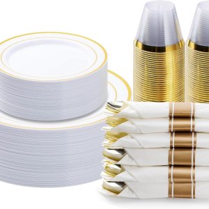 BESTVIP Juego de vajilla de plástico dorado de 175 piezas, platos de fiesta desechables para 25 invitados, incluye 50 platos de plástico, 25 BESTVIP Juego de vajilla de plástico dorado de 175 piezas, platos de fiesta desechables para 25 invitados, incluye 50 platos de plástico, 25