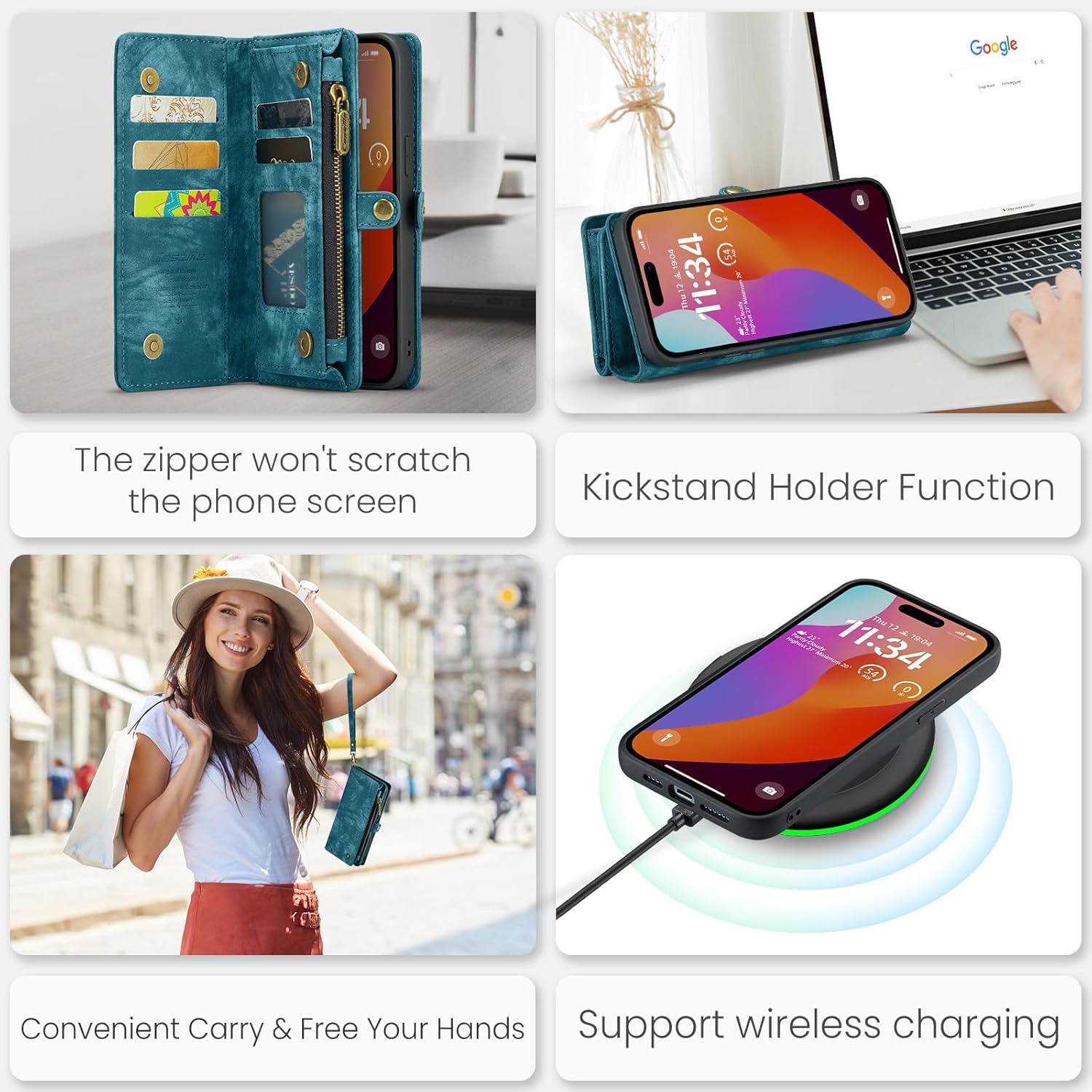 Kowauri Funda tipo cartera para iPhone 15 Pro, cartera de piel con cremallera y soporte para tarjetas, correa para la muñeca, desmontable,