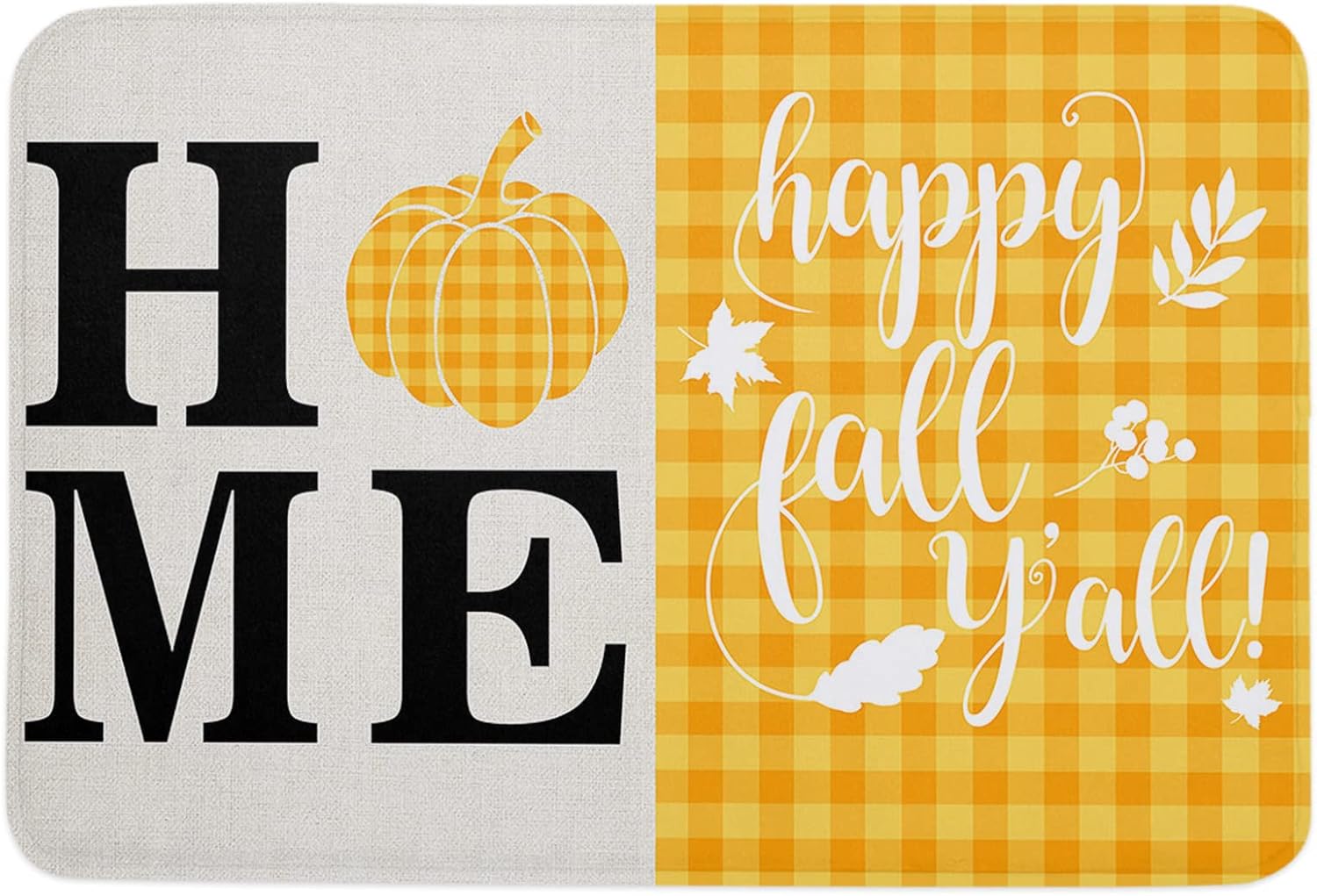 Fall Durable Bath Mat, Entrance Front Door Rug Shoes Mat Sponge Carpet, Indoor Non Slip Floor Bath Mat – Yellow Plaid Maple Leaves Pumpkin 16x24In