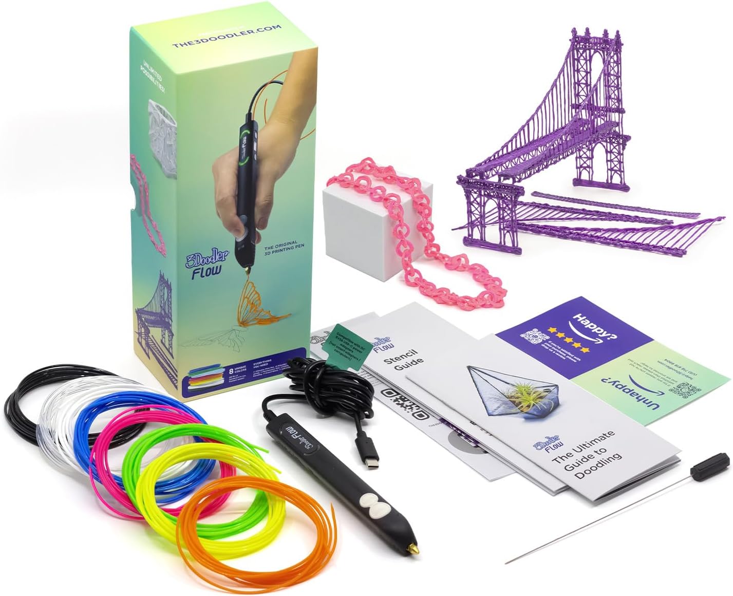 3Doodler Bolígrafo de impresión 3D Flow para adolescentes, adultos y creadores. – Negro – con filamentos de recarga gratis + libro de plantillas +